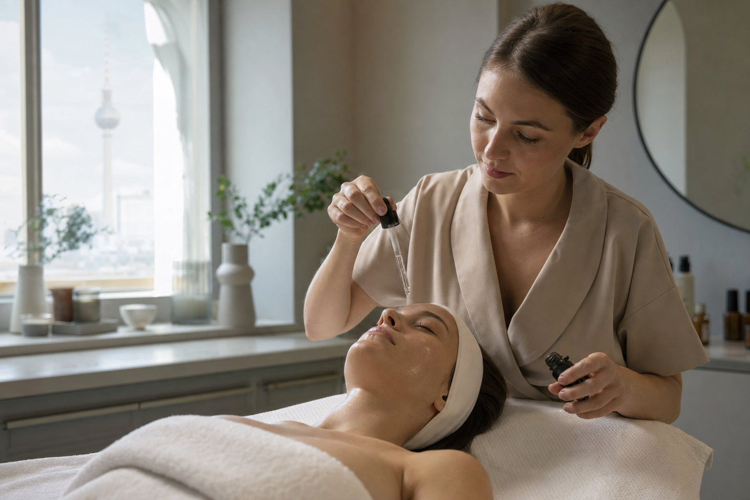 Feuchtigkeitsbehandlung bei Spannungsgefühl im Gesicht in einem eleganten Berliner Beauty-Studio