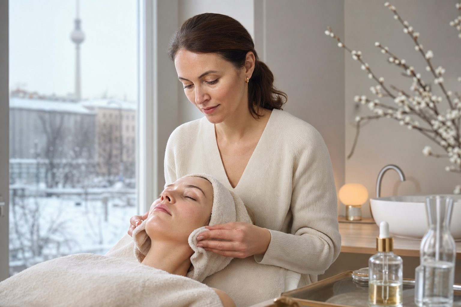 Trockene Haut durch Heizungsluft: Kosmetik im Winter in einem eleganten Berliner Beauty-Studio